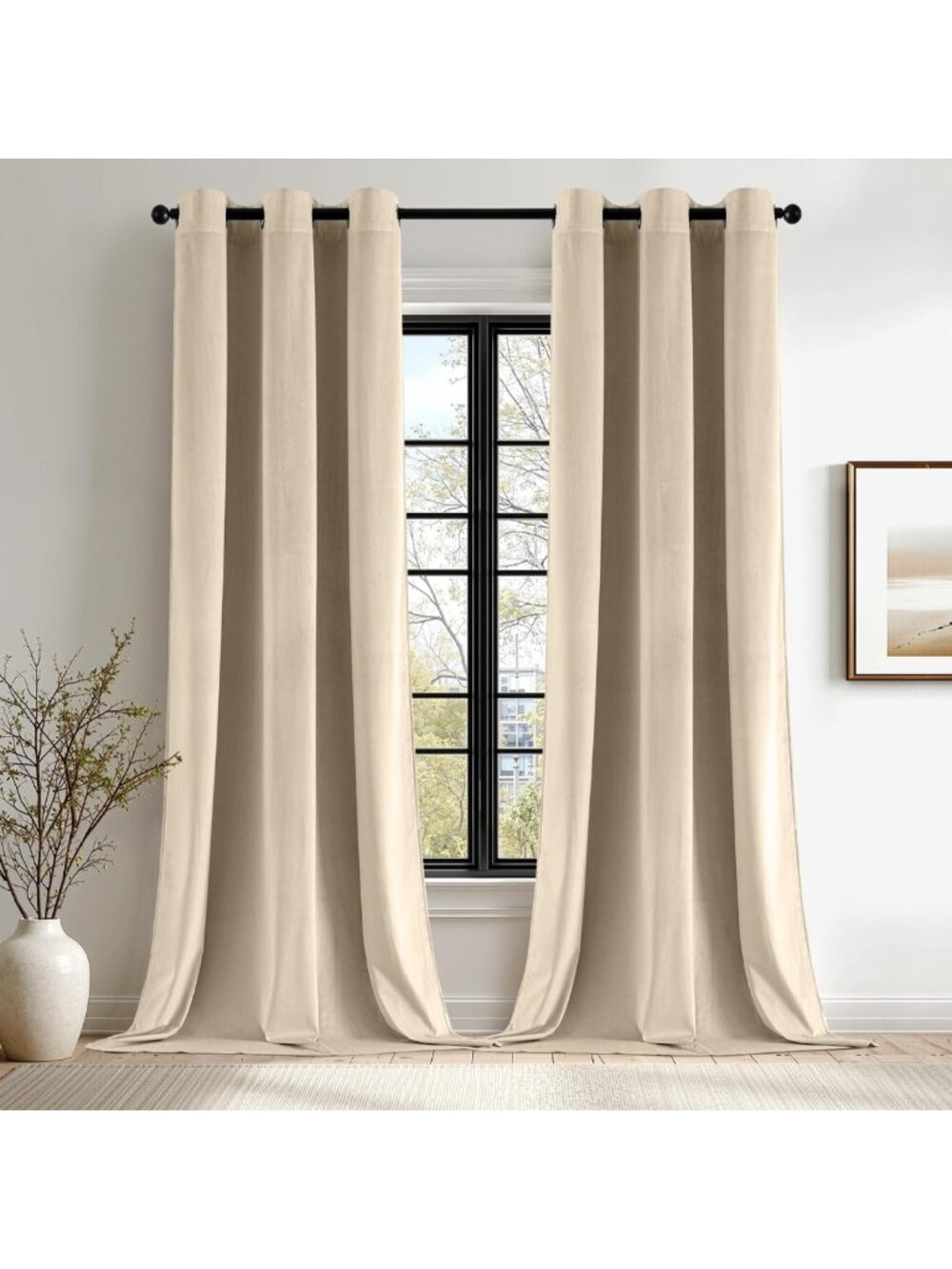 Beige Velvet Blackout Curtains 84" Long, Thermal Insulated, Soundproof Drapes